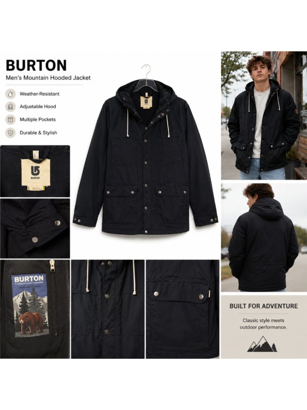 Burton Men's Black Hooded Rain Jacket | Mesh Lined | Size Large